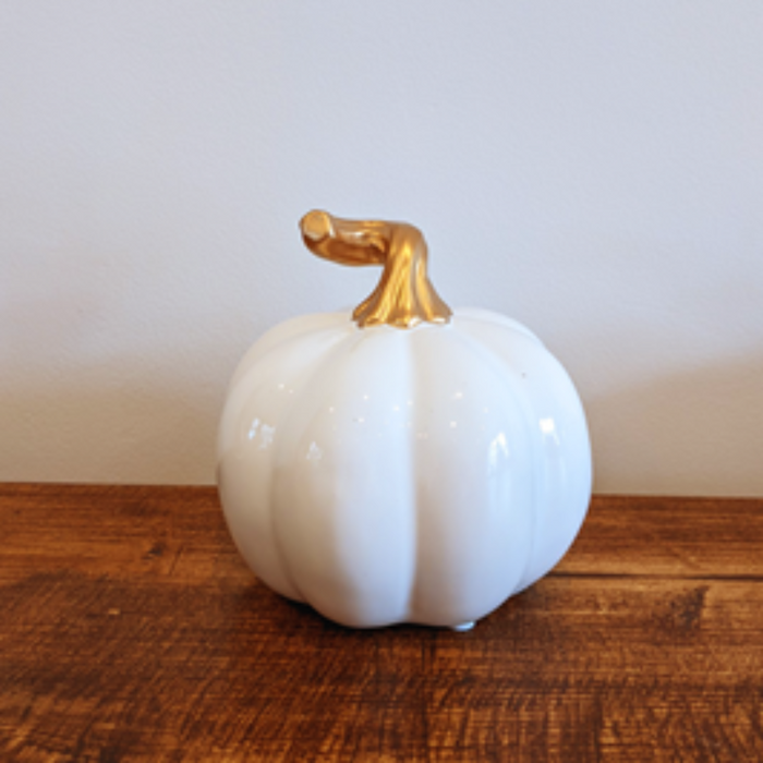 White Ceramic Pumpkin With Gold Stalk (3 Sizes Available)