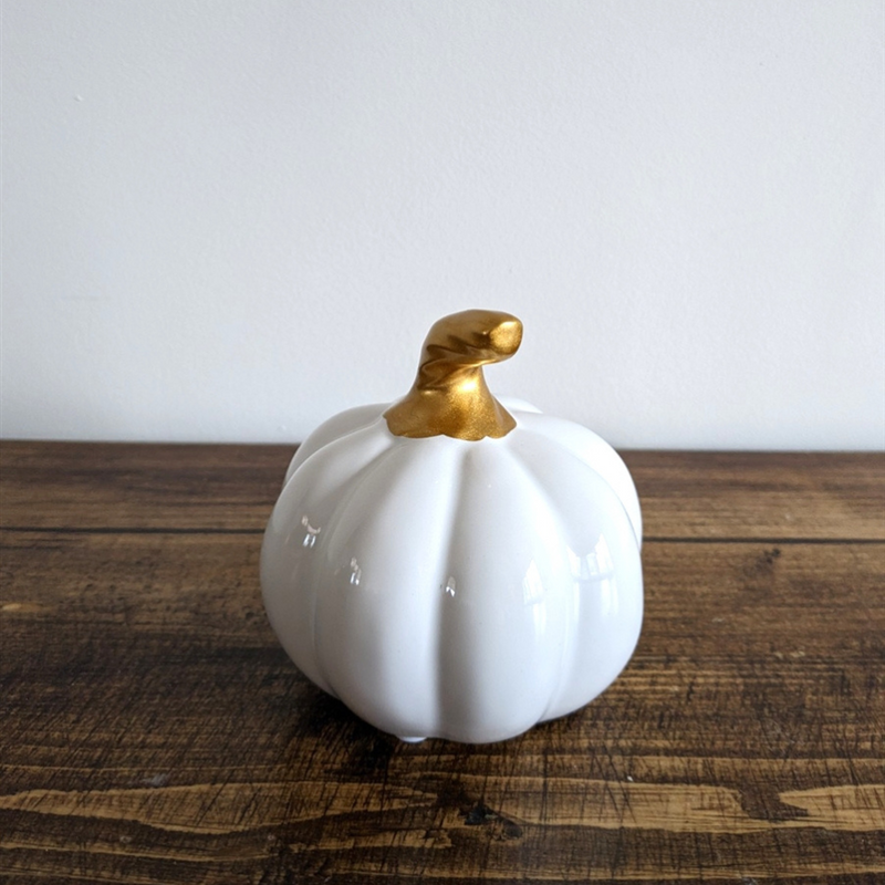White Ceramic Pumpkin With Gold Stalk (3 Sizes Available)