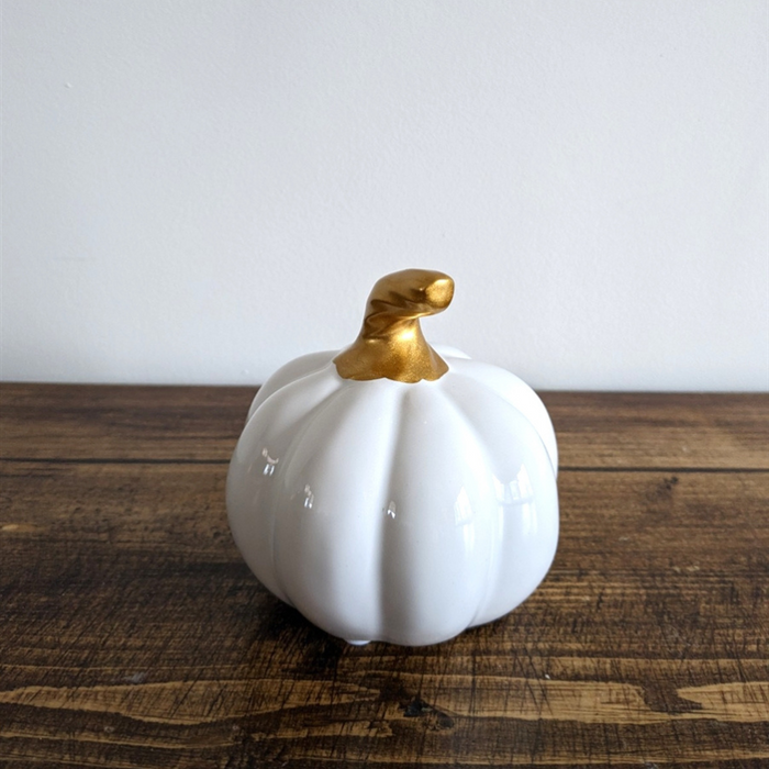 White Ceramic Pumpkin With Gold Stalk (3 Sizes Available)