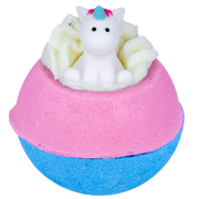 A colorful bath bomb with a top half in pink and a bottom half in blue. A cute, white fondant unicorn with a blue horn sits in creamy swirls on top.