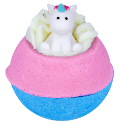 A colorful bath bomb with a top half in pink and a bottom half in blue. A cute, white fondant unicorn with a blue horn sits in creamy swirls on top.